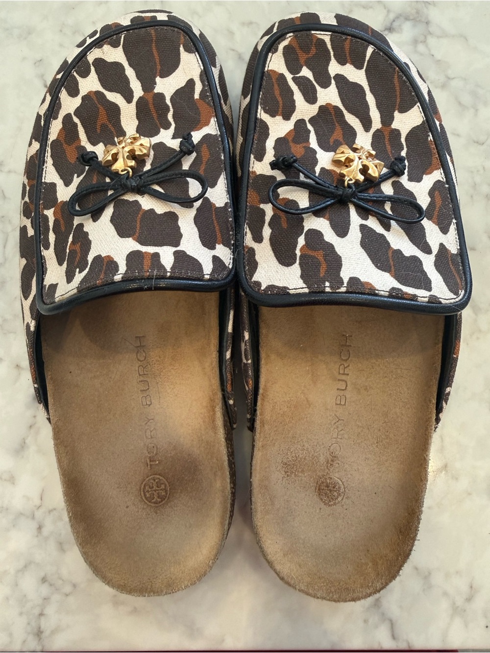 Tory Burch Leopard-Print Slip-On Mules with Gold Logo Accent